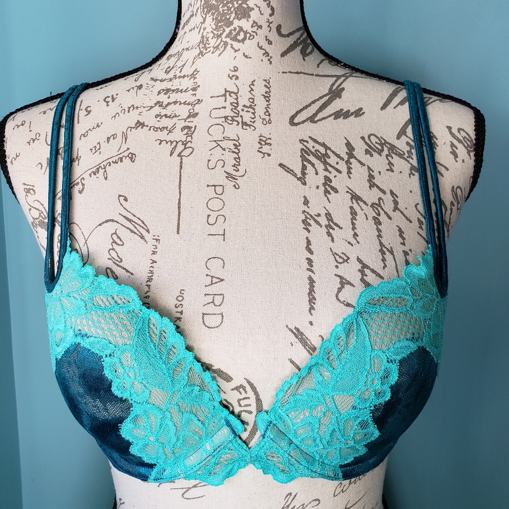 Victoria's Secret 34B Teal Floral Lace Overlay Leopard Padded Push-up Bra Y2K